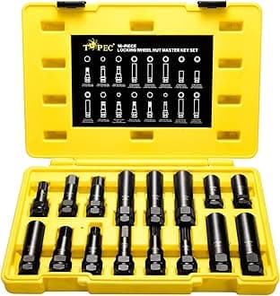 Topec 16-Piece Locking Lug Nut Master Key Set | 5, 6, 7, 12 Spline Socket Set, Star and Internal Hex Style Lug Nut Key Set, CR-MO Steel (Not for Hex, Deep, Large-Size, and 10-Spline)