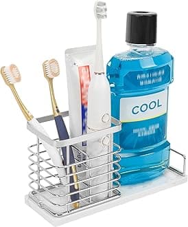 HarJue Toothbrush Holder, Luxurious Metal Toothbrush Toothpaste Holder with Marble Base for Bathroom, Multi-Slots Openwork Design, Bathroom Accessory for Storage and Organizer (Large, Chrome)