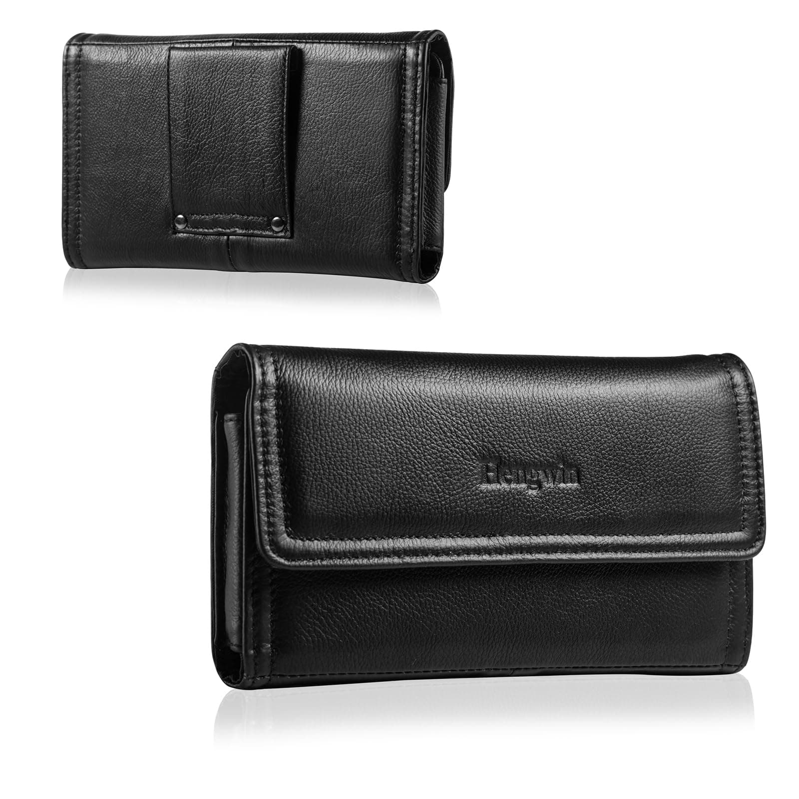 Hengwin Leather Cell Phone Belt Case Fits for iPhone 16 Pro Max 15 Pro Max 14 Plus Samsung Galaxy A56 A36 A15 A25 S25 Edge S24 Ultra S23+ Holster Phone Pouch Belt Holder (Black)