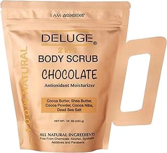 Deluge Chocolate Scrub for Cellulite and Stretch Marks, Body Exfoliant and Hydrating Cellulite Treatment with Shea Butter, Coconut Oil and Dead Sea Salt Firms, Tones and Moisturizes Skin (10 oz)