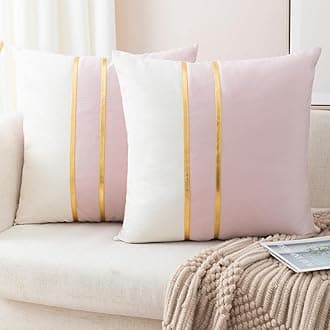 ZLINA Set of 2 Velvet Decorative Throw Pillow Covers Pink White Patchwork with Gold Leather Pillow Covers 20 × 20 Inch Cushion Covers Decor Living Room Sofa Bedroom Car