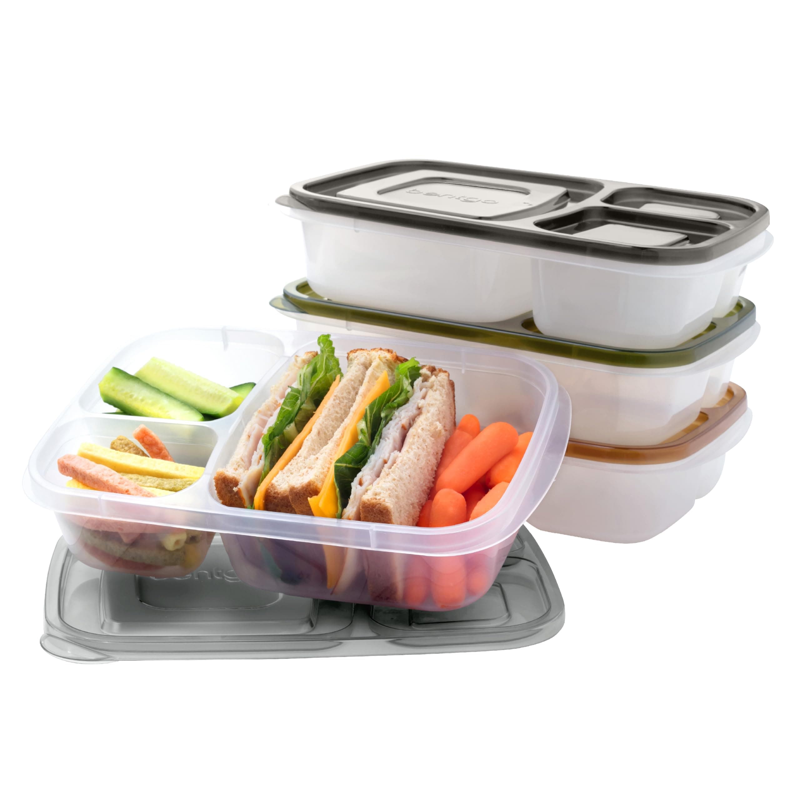 Bentgo Easyboxes - Original Stackable Lunch Boxes - Reusable 3-Compartment Food Containers for Kids and Adults - Bento Lunch Box for Meal Prep, School, & Work - BPA Free, Set of 4 (Earth Tones)