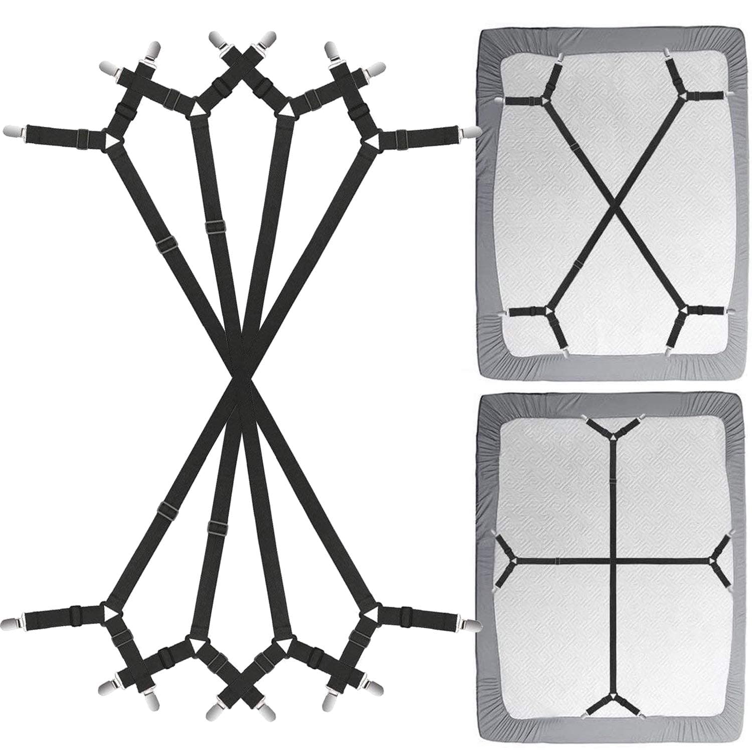Bed Sheet Fasteners Straps - 2 Way Adjustable Crisscross Sheet Corner Holder Straps Gripper Clips Elastic Sheet Band Suspenders Fasteners(2 Set/4Pcs, Black)