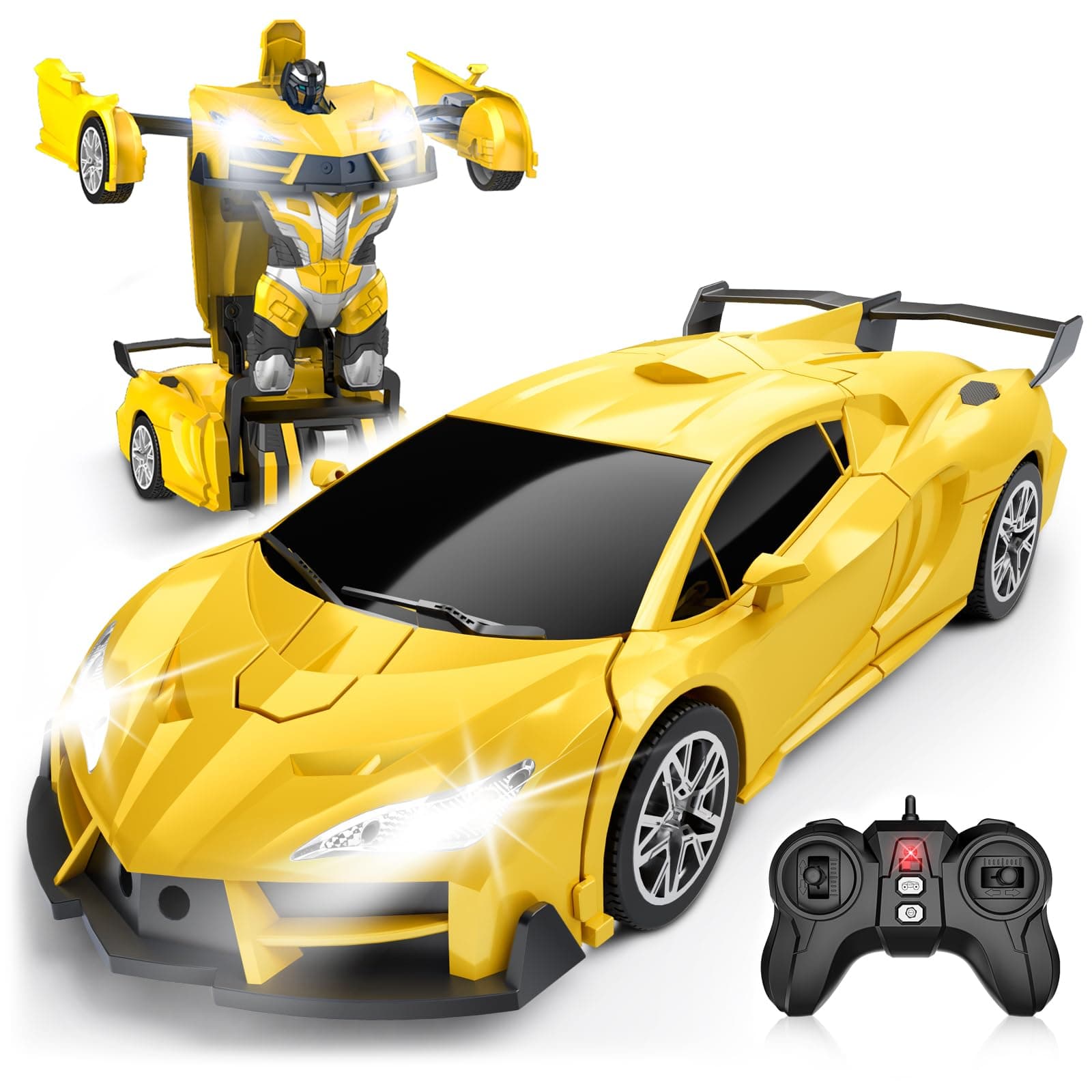 Remote Control Car,Transform Robot RC Cars with Cool LED Headlights, 2.4Ghz Toys Car with 360 Degree Rotation and One-Button Deformation, Christmas Birthday Gifts for Boys Girls(Yellow)