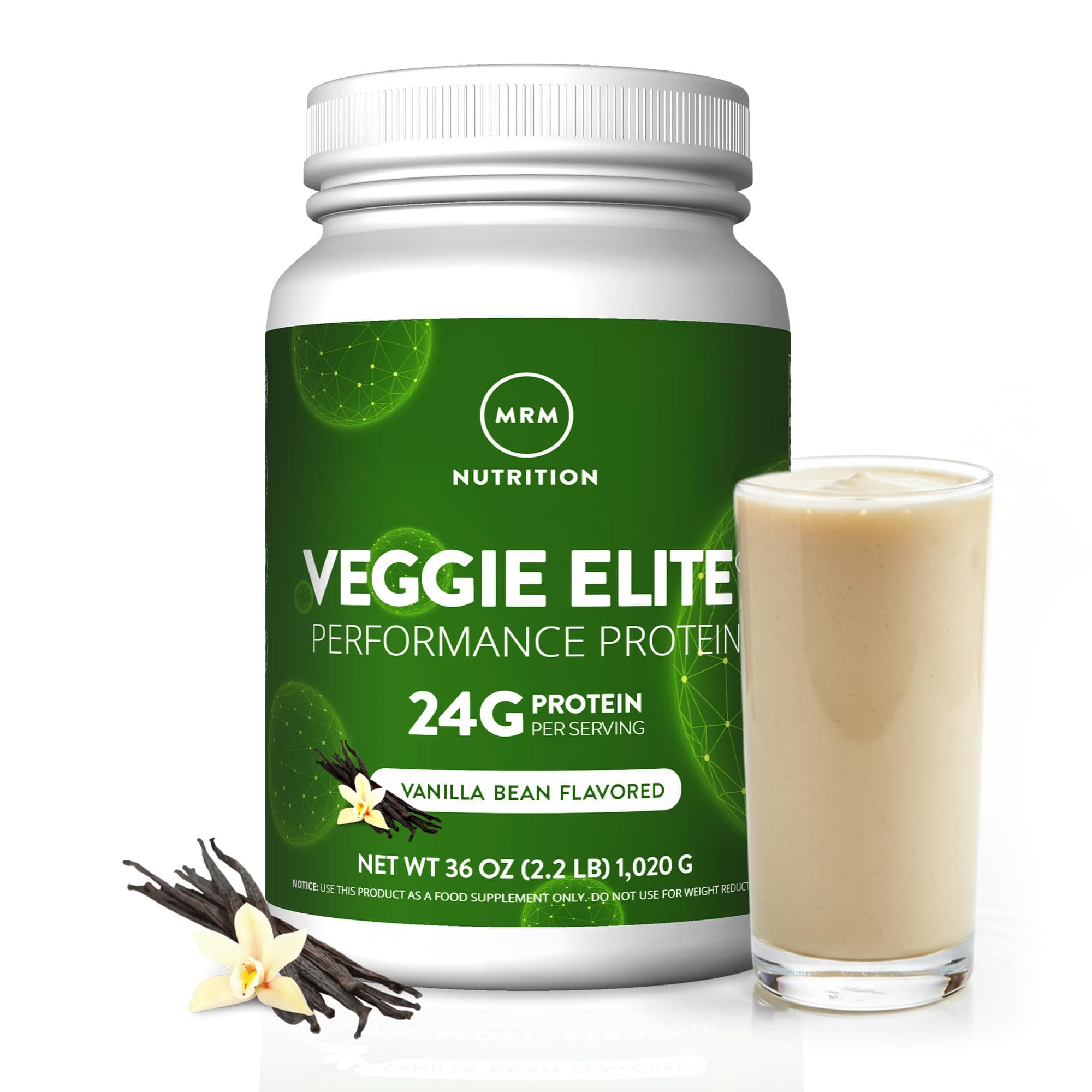Veggie Elite Performance Protein - Vanilla Bean, Plant-Based Powder, 24g Protein per Serving with BCAAs & Digestive Enzymes, Clinically Tested - Vegan, Gluten-Free - 30 Servings