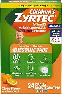 Zyrtec Children's 24 Hour Dissolving Allergy Relief Tablets with 10 mg Cetirizine Hydrochloride Antihistamine, Dissolvable Allergy Medicine for Kids Ages 6 Years+, Citrus Flavor, 24 ct
