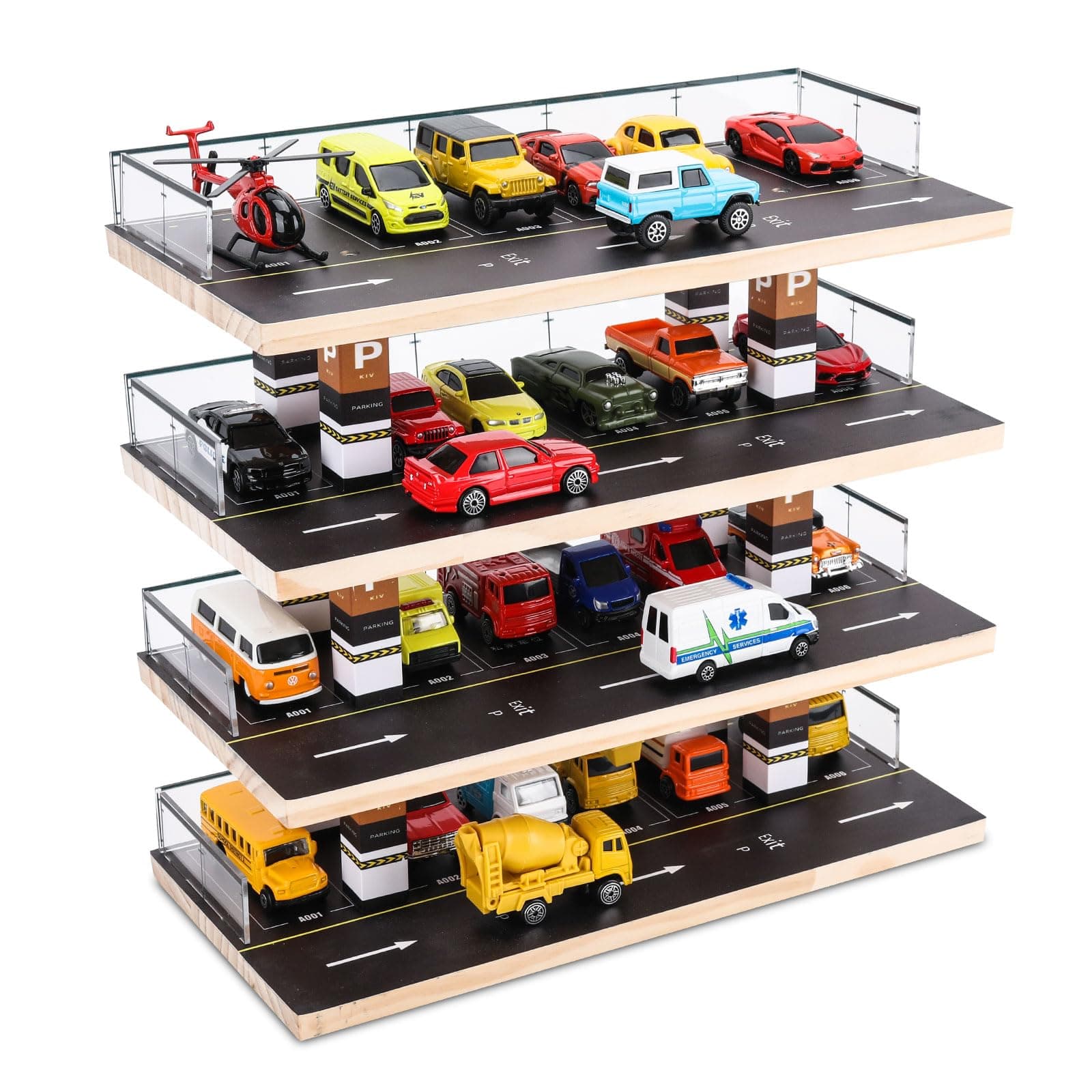Display Case for Hot Wheels & Matchbox, 1/64 Scale Diecast Toy Car Storage, Parking Garage Diorama - Freestanding Storage with 4 Levels 24 Spots Maximum 40 Cars