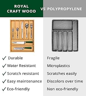 ROYAL CRAFT WOOD Luxury Bamboo Utensil Rack and Silverware Organizer, Kitchen Drawer Organizer - Utensil Holder and Cutlery Tray with Grooved Drawer Dividers for Flatware 7 Slot, Natural