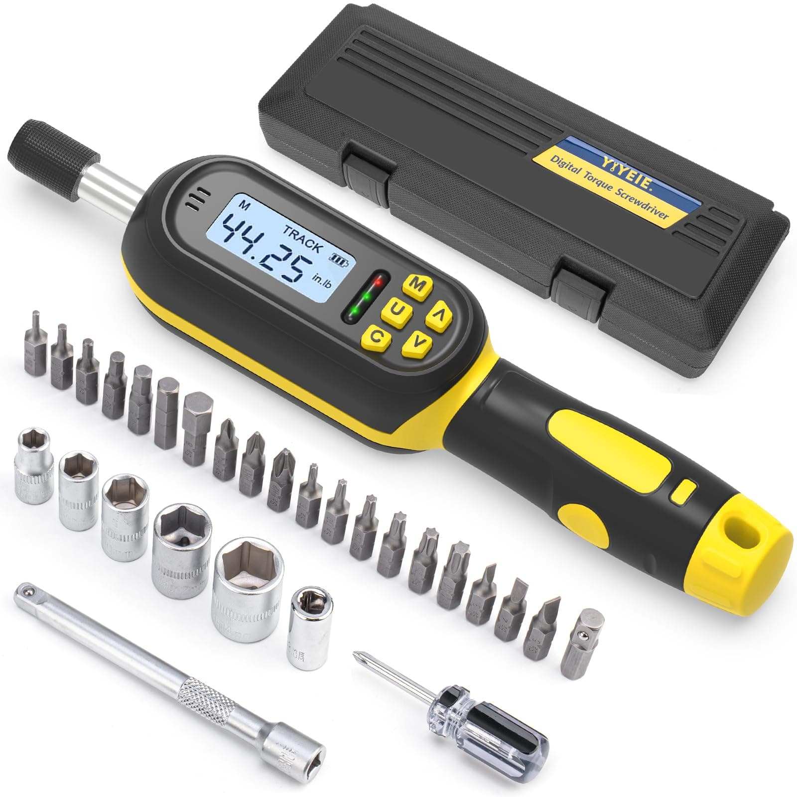 32PCS Digital Torque Screwdriver, 2.66-53.1 in-lbs/0.3-6 Nm, Inch Pound Torque Screwdriver Electrician with Buzzer & LED Indicator, Adjustable Screwdriver Torque Wrench Set with Bits & Sockets