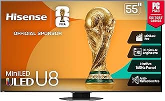 Hisense 55" Class U8 Mini-LED ULED 4K UHD Google Smart TV (55U8QG, 2025 Model) - QLED, Native 165Hz, VRR 288, Up to LD5600, 5000 Nits, HDR10+, Dolby Vision IQ · Atmos, IMAX Enhanced, 4.1.2 Ch Audio