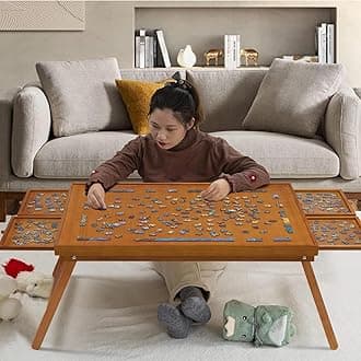 TEAKMAMA 1500 Piece Wooden Jigsaw Puzzle Board with 4 Drawers, Folding Puzzle Table with Protective Cover, Multifunctional Puzzle Board for Adults, 34W x 26.3D, Brown