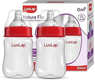LuvLap Anti-Colic Wide Neck Natura Flo Baby Plastic Feeding Bottle, 150Ml (Pack of 2), New Born/Infants/Toddler Upto 3 Years, BPA Free