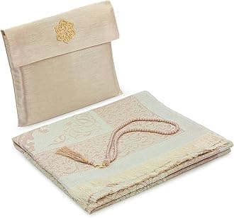 ihvan online Muslim Prayer Rug with 99 Beads Tasbih & Travel Bag, Soft Taffeta Sajadah, Lightweight & Foldable Janamaz, Portable Prayer Mat, Islamic Gift for Eid, Ramadan, Hajj & Umrah, Gold