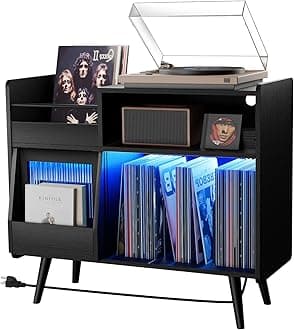Large Record Player Stand with Sliding Door,350 Vinyl Record Storage Cabinet, Record Player Table with Power Outlet and LED Light,Turntable Stand with Wood Legs for Living Room,Bedroom,Office