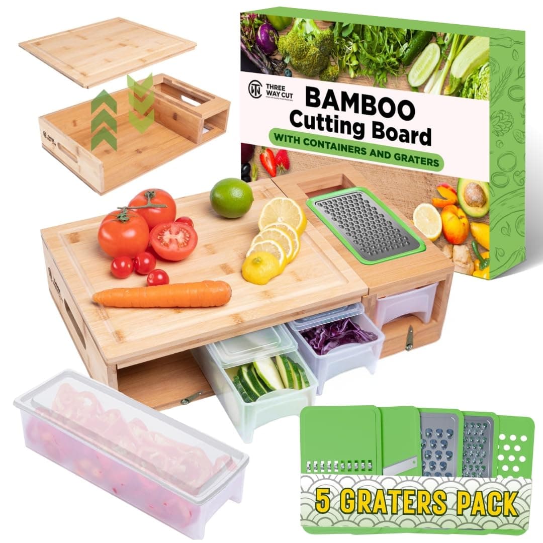 Bamboo Cutting Board With Containers & 5 Graters- Meal Prep Station With Removable Board, Breakfast Station Cutting Board With Tray + Lid For Trays Wooden Home Kitchen Prep Cup Board Prep Deck Pro Kit