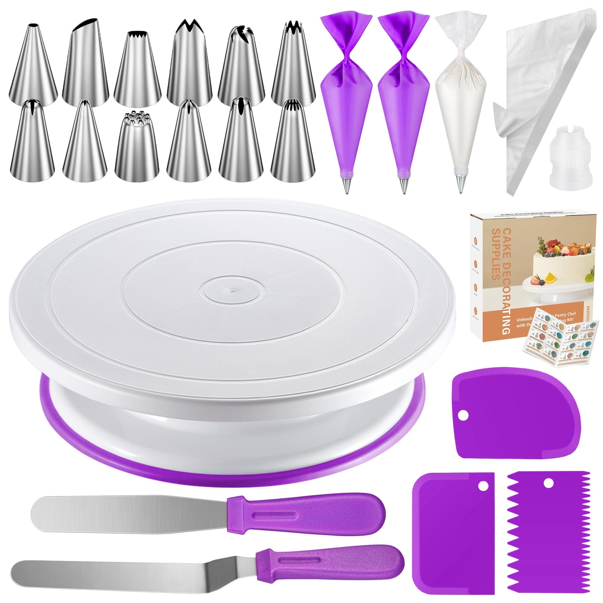 71PCs Cake Decorating Kit, Baking Supplies Tools - Includes Cake Stand Turntable, 12 Icing Piping Tips Set, 2 Frosting Spatulas, 3 Scrapers, 50+2 Piping Bags, Coupler, Video Tutorial, Booklet