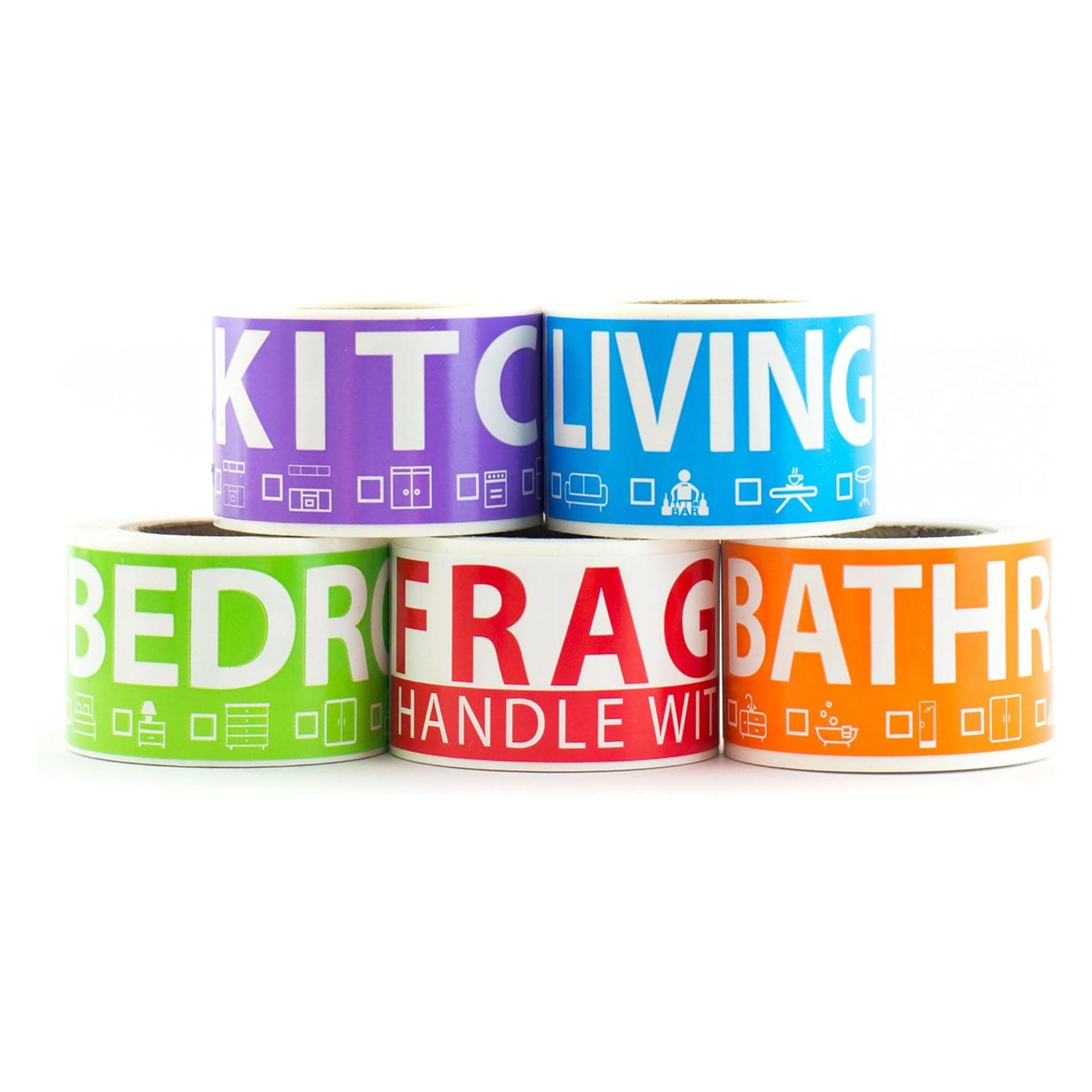 250 Home Moving Labels for 1 Bedroom — 5 Color-Coded Room Labels (50 Each) + Fragile Stickers for Moving Boxes, Supplies, Wardrobe Boxes, Apartment Moves