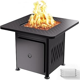 28" Outdoor Propane Fire Pit Table | 50,000 BTU Gas Fire Pit Table for Outside with Magnetic Lid | Storage Basket & Lava Rocks | CSA Certified for Patio, Garden & Backyard | Black
