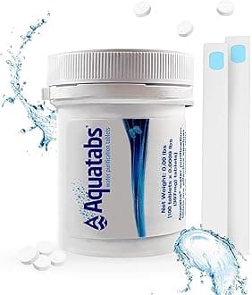 Aquatabs Water Purification Tablets for Drinking - 100 Tablets + 2 Chlorine Test Strips - Water Purifier Starter Kit - for Boat and RV Tanks - by Aquamarine Water Solutions