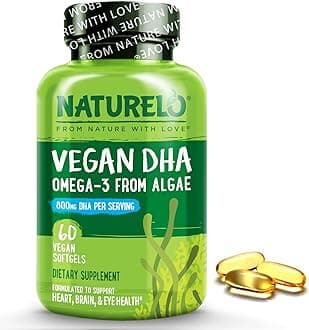 NATURELO Vegan DHA - Omega 3 Oil from Algae - Best Supplement for Brain, Heart, Joint, Eye Health - Provides Essential Fatty Acids for Women, Men and Kids - Complements Prenatal Vitamins - 60 Softgels
