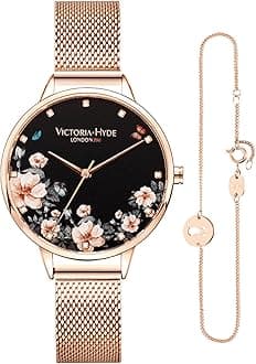VICTORIA HYDE Fashion Elegant Floral Dial Watch for Women Quartz Genuine Leather Strap Wristwatch Mother's Day Gifts