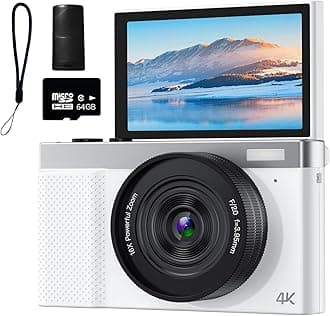 4K Digital Camera, 64MP Vlogging Camera for Photography with 3" 180° Flip Screen, 16X Compact Digital Camera with 64GB Micro SD Card for Beginner (White)