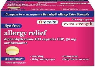 Dye-Free Extra Strength Allergy Relief Medicine, Diphenhydramine HCl 50mg Softgels, Antihistamine,100 Count