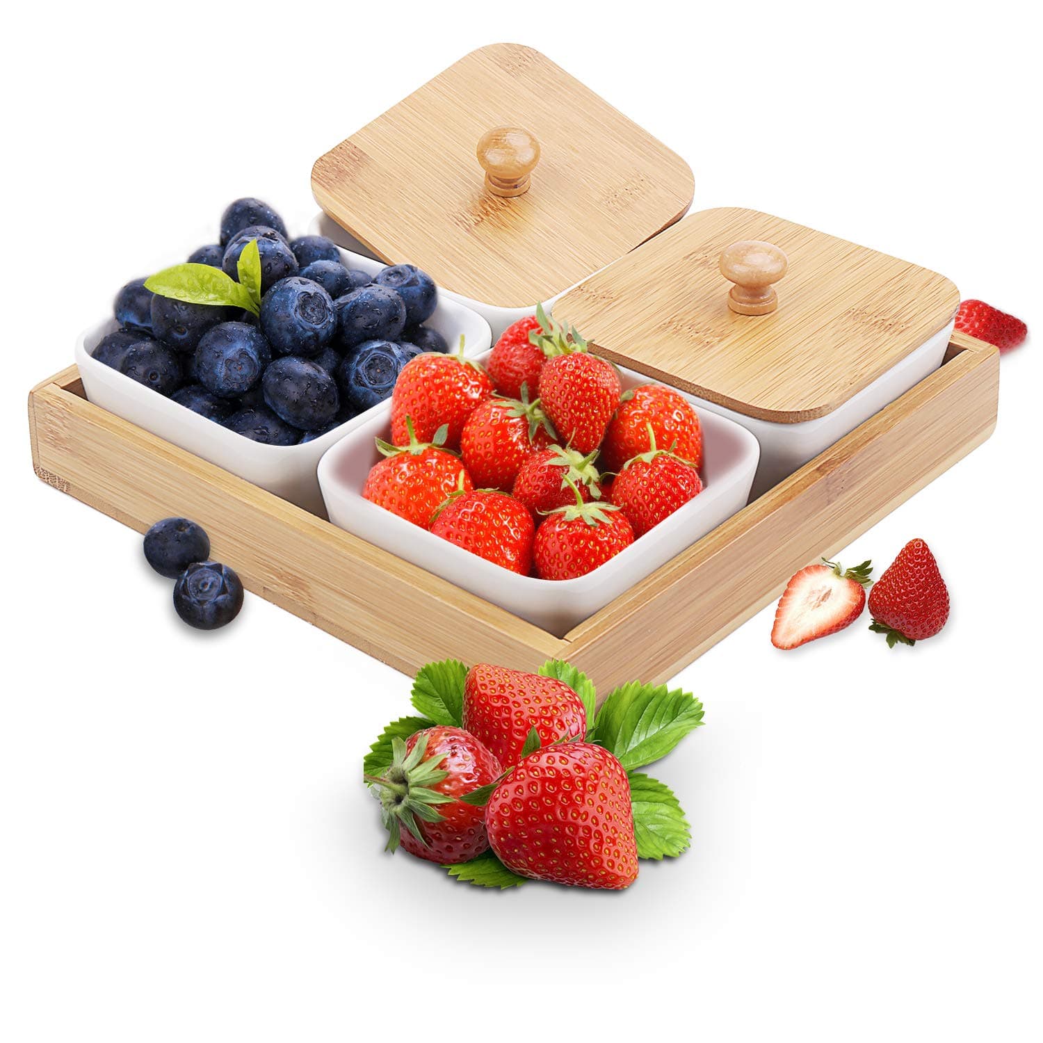 Ceramic Snack Serving Tray 4-Compartment Tray Serving Platter with Bamboo Lid and Pallets,Moisture-Proof Bowls for Food,Snacks,Condiments, Appetizers