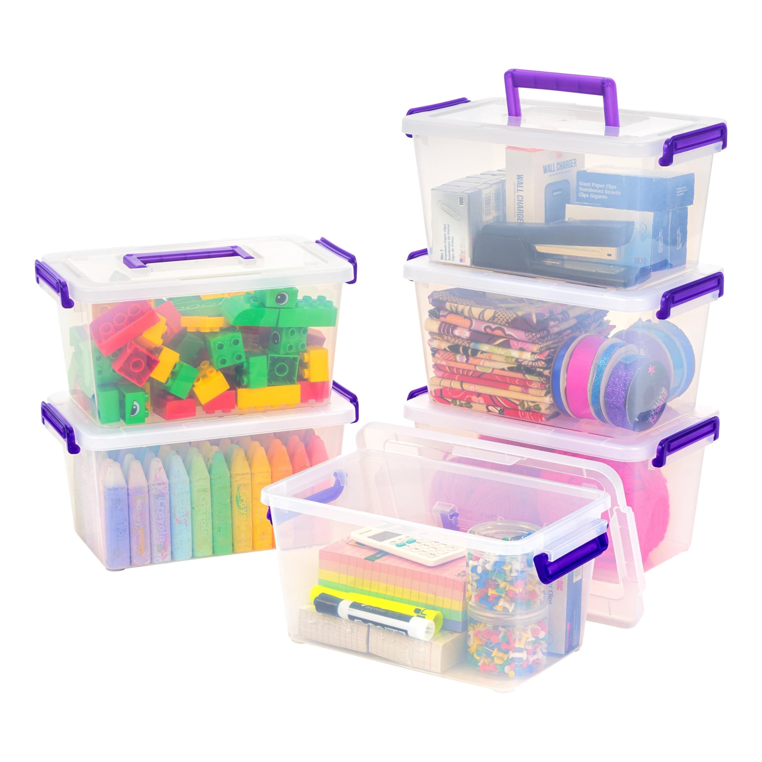 5 Qt. Plastic Craft Storage Container Bins with Lids, 6 Pack, Small Art & Office Supply Organizer Tote, Sensory Bins & Boxes for Home & University, Stackable, Carry Handle, Clear