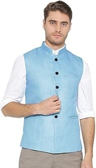 Vastraa Fusion Men Cotton-Blended Export-Quality Indian Traditional Nehru Jacket/Modi Ethnic Waistcoat (Light Sky Blue)
