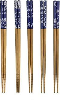 3649, Bamboo Chopsticks Reusable Japanese Chinese Korean Wood Chop Sticks Hair Sticks 5 Pair Gift Set Dishwasher Safe, 9 inch (1, Blue Print)