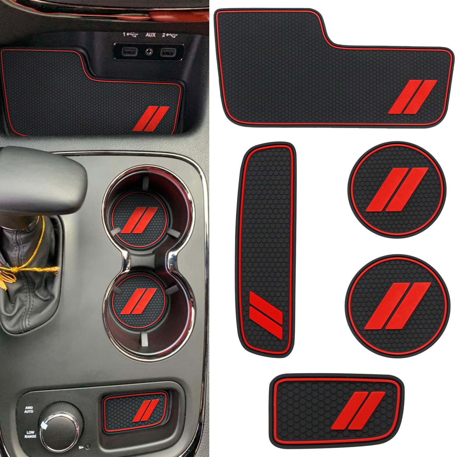 Center Console Mats for Durango Accessories 2014 2015 2016 2017 2018 2019 2020 Cup Holder Insert Coasters Custom Fit Cup Liners Pads Interior Decoration (Red Trim) - 5 Pcs Set
