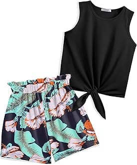 ArshinerGirl's 2 Piece Outfits Tie Knot Tank Top and Paperbag Waist Pocketed Summer Short Sets