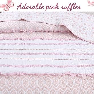Cozy Line Home Fashions Pretty in Pink Girly Ruffle Stripped 100% Cotton Reversible Quilt Bedding Set, Coverlet, Bedspread (Pink Princess, Twin - 4 Piece: 1 Quilt + 1 Sham + 2 Decor Pillows)