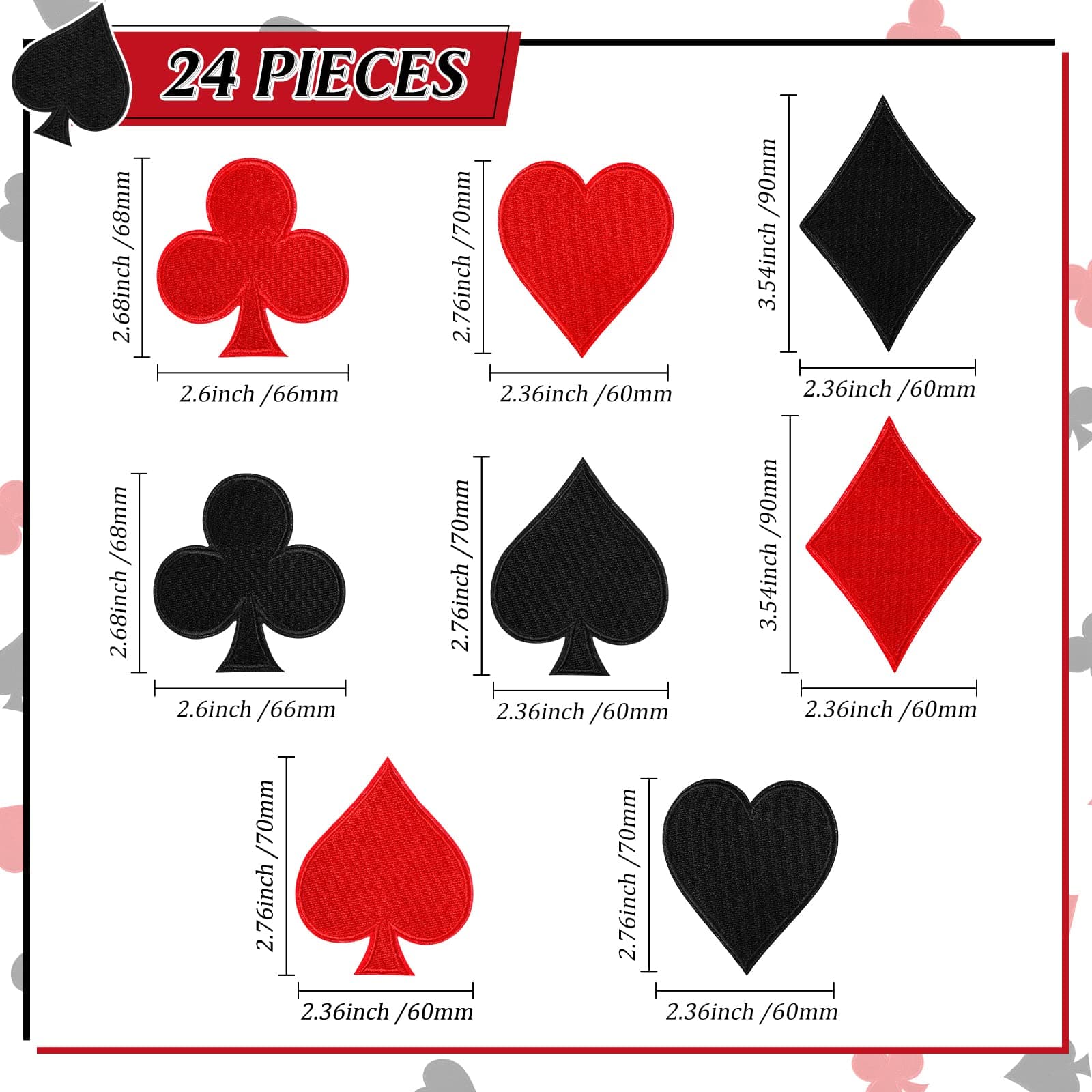 MTLEE 24 Pcs Playing Cards Patch Gaming Iron on Patches Halloween Red Black Heart Patches Iron on Card Suits Diamonds Spades Patch Halloween Poker Las Vegas Appliques for Jeans Hats Bags Clothing DIY