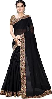 Manish Women's Chanderi Plain Lace Work Saree With Unstitched Blouse