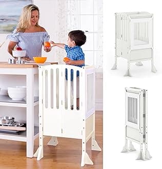 Guidecraft Contemporary Kitchen Helper® Stool with 2 Keepers- Ivory: Foldable, Adjustable Height, Wooden Step Stool Tower for Toddlers | Little Kids Safety Learning Furniture