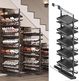 Pull-Out Shoe Rack Organizer for Closet Shoe Cabinet,Adjustable Height Retractable Metal Stackable Shoe Rack, Vertical Shelf Organizer for Small Bedroom Closet, Space Saving Storage, Black(58cm,10 Tie