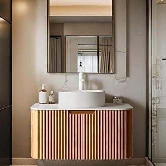 30 inch Bathroom Vanity with Sink, Floating Cabinet with Ultra-Thin Ceramic Basin and Marble Top, Extra Large Storage Drawer, Soft-Close Design, Nature Wood