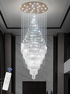Flashing God D48''X H120''High Ceiling Chandelier Crystal Raindrop Gold Chandeliers Large Villa Chandelier Entrance Foyer Hight Ceiling Lighting LED Dimmable 2700K-4500K-6000K 24 LED Bulbs Include