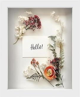 FrameWorks 8” x 10” White Wooden Shadow Box Frame – Display Case with Soft Felt Back, Memory Box with Tempered Glass, Display Box with Elegant White Ball Push Pins, Wooden Flower Box