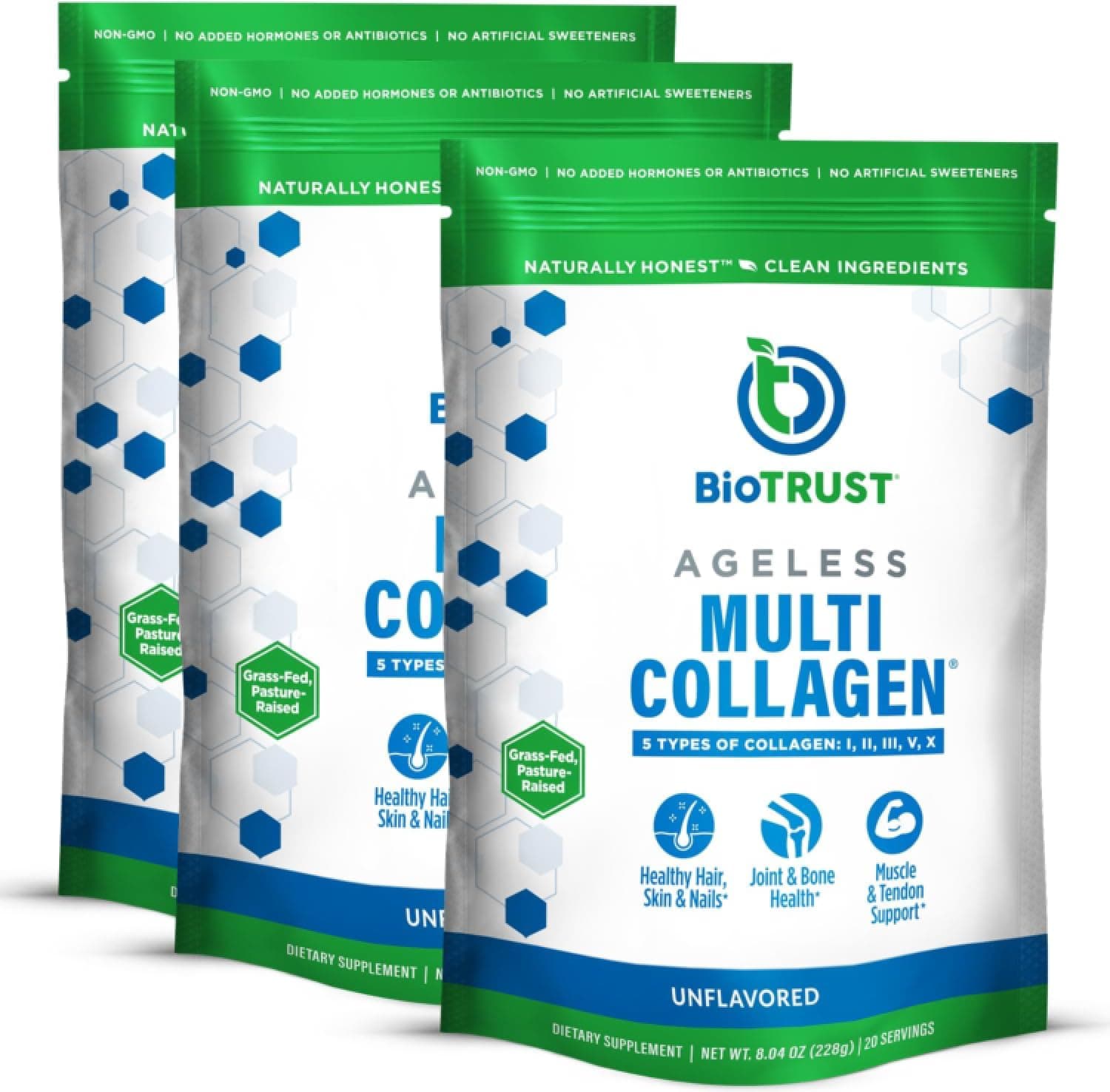 BioTrust Ageless Multi Collagen Peptides Powder – 5 Types (I, II, III, V, X) – Unflavored Collagen Powder for Women & Men – Hydrolyzed Protein – Grass Fed Beef, Fish, Chicken, Eggshell Membrane, 3-pk