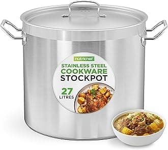 NutriChef Stainless Steel Stock Pot with Lid, 27 L Big Stockpots for Stew, Soup, Pasta, Meat- Induction Ready, Large Cooking Pot with Ergonomic Handles, Uncoloured