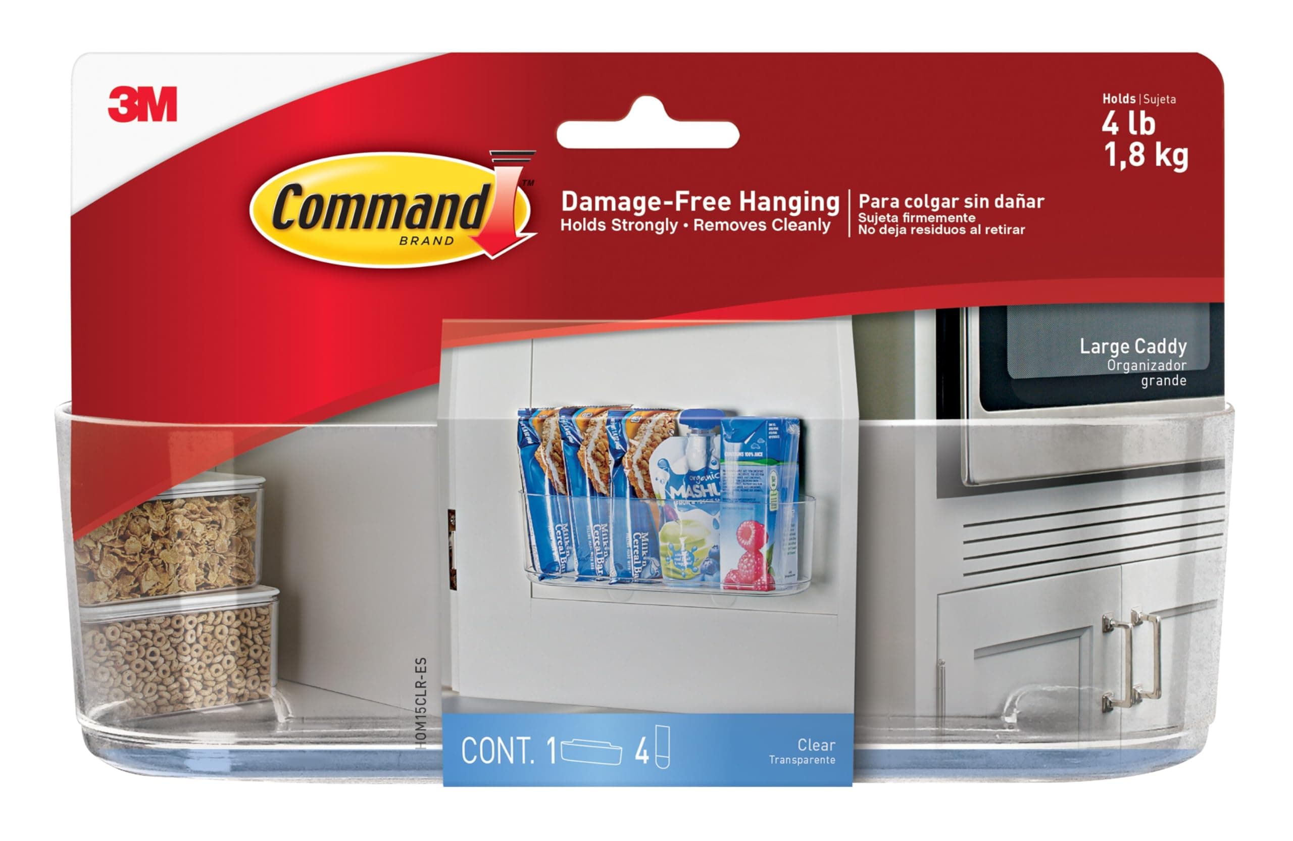 Large Caddy, Holds up to 4 lb, 8.6" x 3.1" x 3", 1 Caddy with 4 Strips, Damage-Free Organization Wall Mount to Cabinet, Kitchen, Pantry, Closet, or Under Sink