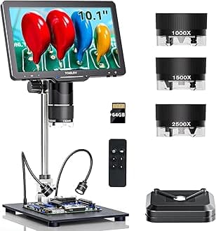 TOMLOV Digital Microscope, 3 Lenses, 2K HDMI Microscope, 2500x Magnification, IPS 10.1 Inch, Coin Microscope, Full Coin, LCD Welding Microscope, 14 LED Lamps, Compatible with PC/TV, Adults, Biological Observation, Free Research, Biology Education, Gemology, Circuit Board Repair, Electronic Microscope, Japanese Compatible, 64GB Digital Microscope 0