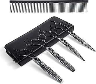 JASON Professional 6 in 1 Dog Scissors Set - Thinning Shear, Straight Scissor, Chunker, Down-curved Shears and Comb for Cat Pet (Black, 7")