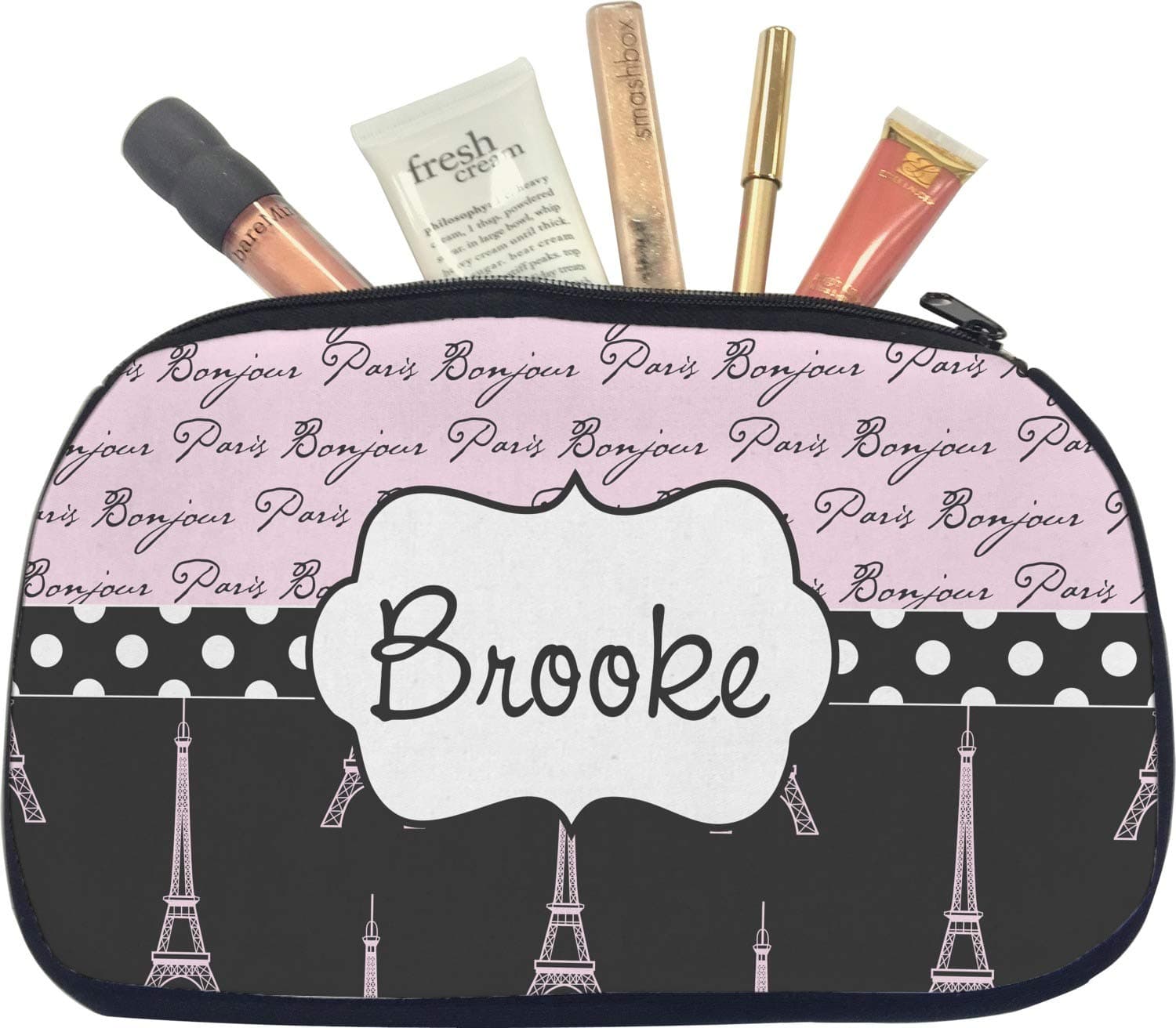Paris Bonjour and Eiffel Tower Makeup/Cosmetic Bag - Medium (Personalized)