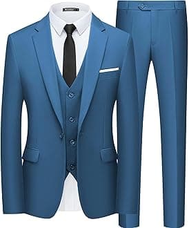 WULFUL Men’s Slim Fit Suit One Button 3-Piece Blazer Dress Business Wedding Party Jacket Vest & Pant