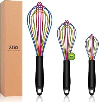 Dishwasher Safe Colorful Silicone Whisk, Sealed Waterproof Design Set of 3, Professional Kitchen Whisks for Cooking Non-Scratch, Silicone & Stainless Steel Whisk, Heat Resistant Balloon Egg Beater