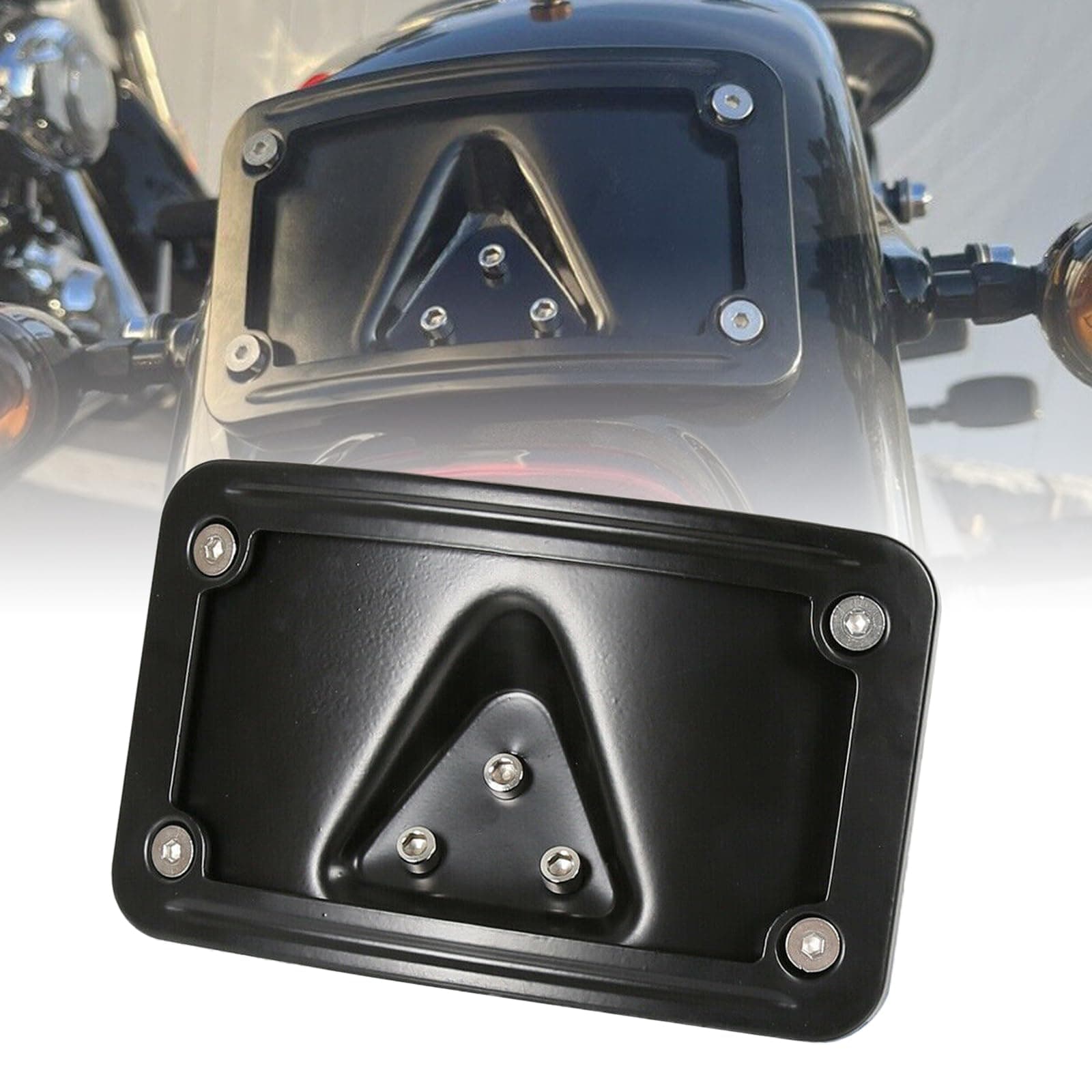3 Hole Curved Laydown License Plate Mount with Frame Compatible with Harley Davidson Replace# 3148 (Black)